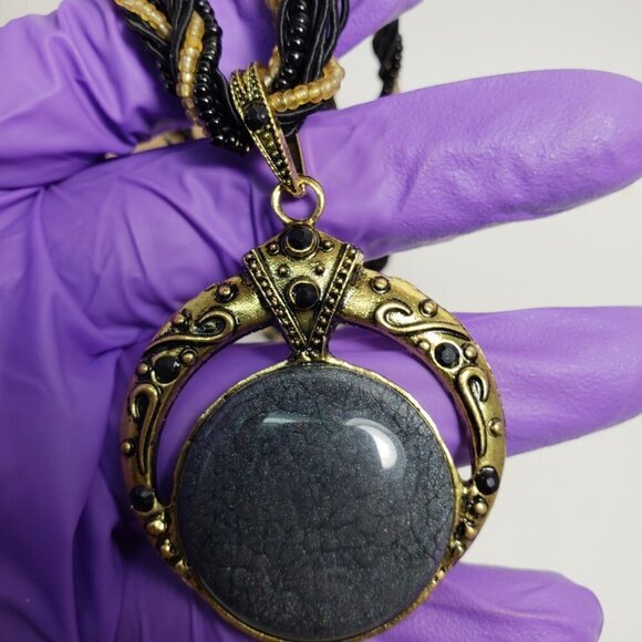 Women’s Statement Layered Gold Beaded Necklace Set – Circle Pendant + Earrings - Picture 9 of 12